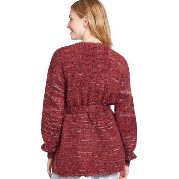 Knox Rose Cardigan Sweater Womens XL Burgundy Red Fuzzy Eyelash Tie Front Cozy - Picture 5 of 15